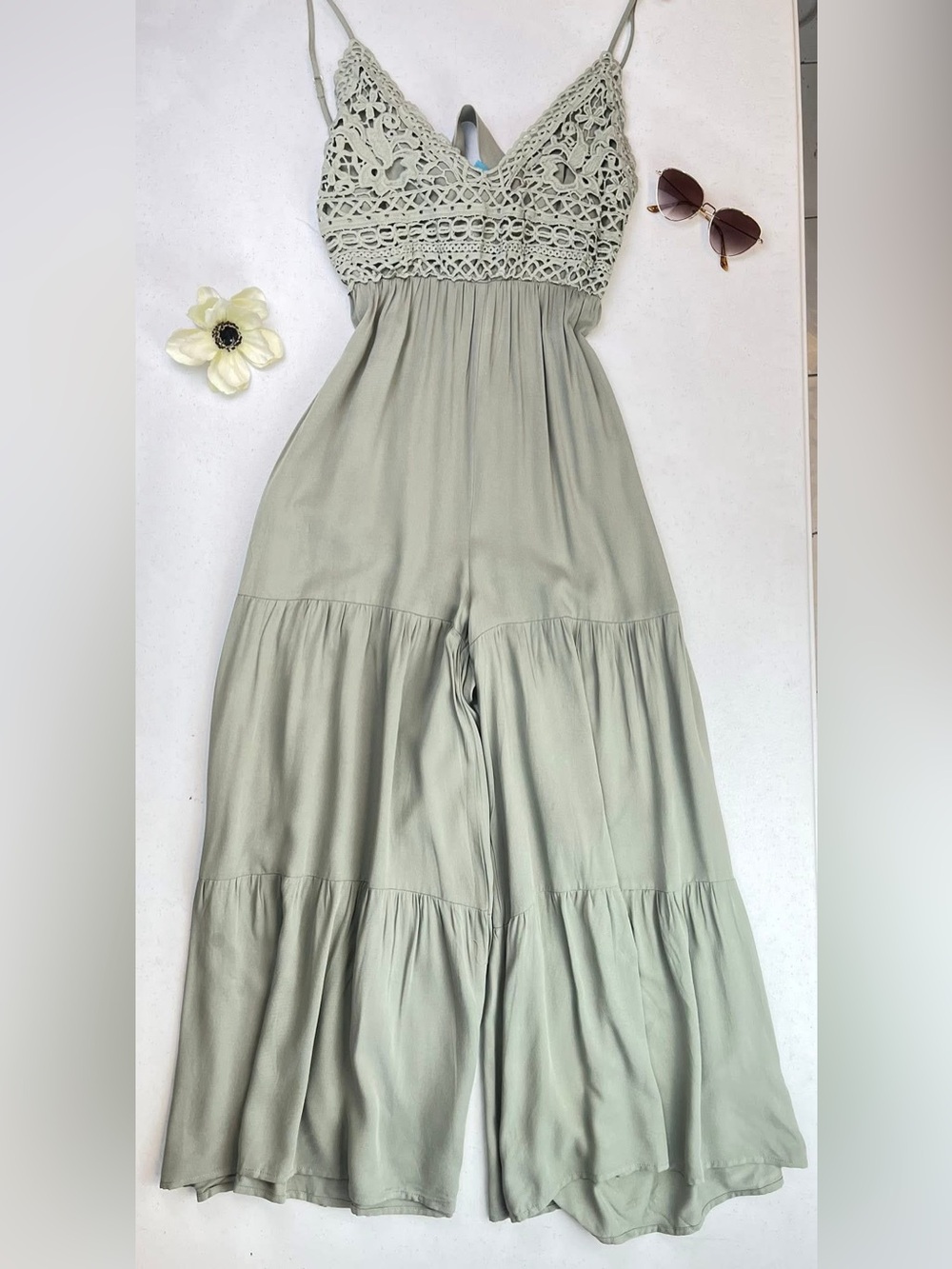 Cupshe L Wide-Leg Jumpsuit in Sage Green Crochet Details NWT  Rayon